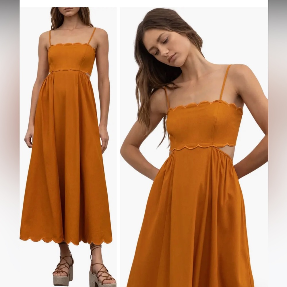 new scalloped cutout midi dress in amber